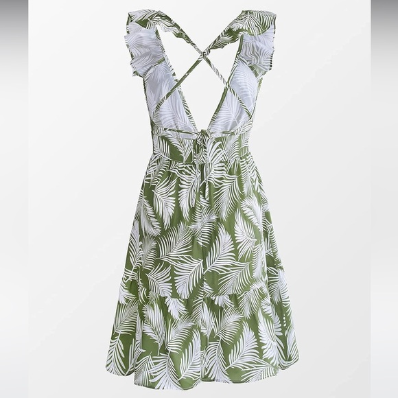 Deep V Neck Leafy Ruffle Dress - Picture 2 of 9